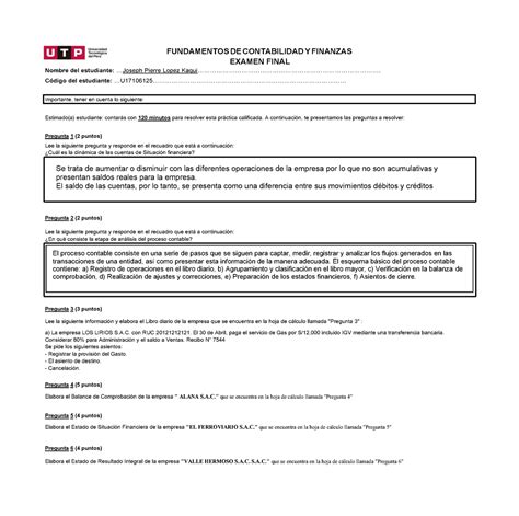 Examen Final Conta Incompleto Importante Tener En Cuenta Lo