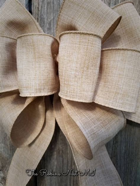 Natural Bow Faux Burlap Fabric Bow Beige Fabric Wired Etsy Uk