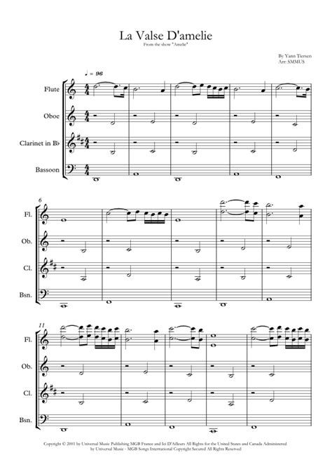 La Valse D Amelie Arr Smmus By Yann Tiersen Sheet Music For Woodwind