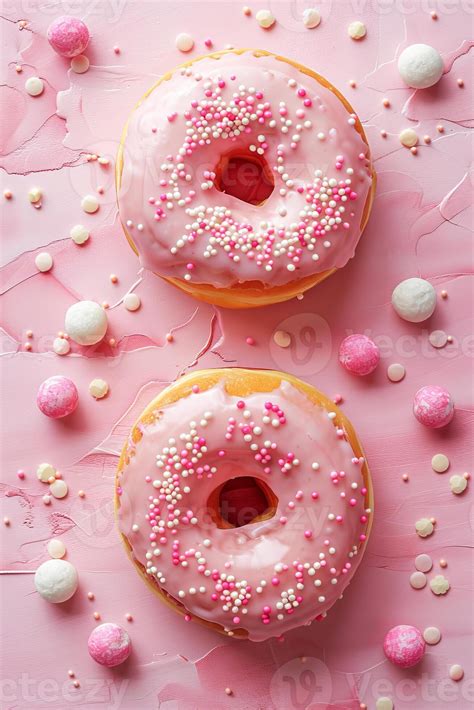 Pink Frosted Donuts Sprinkled With White Nonpareils On A Pastel Pink