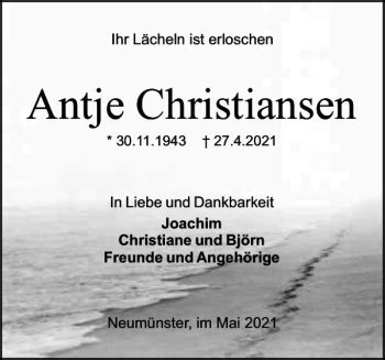 Traueranzeigen Von Antje Christiansen Sh Z Trauer