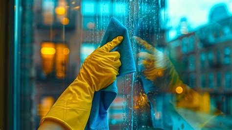 Premium Photo Hand In Yellow Glove Cleaning A Glass Window Urban