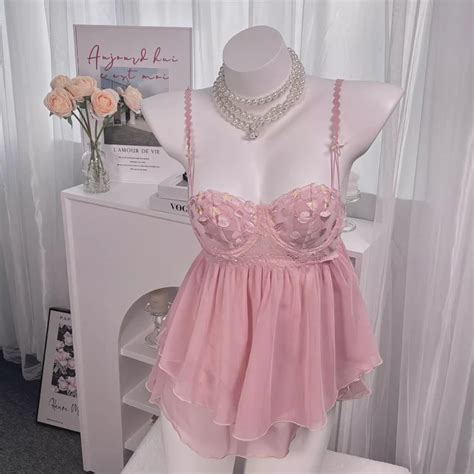 Cherry Pink Nightgowns Pure Desire Elegant Sleepwear Sexy Lingerie Mesh Fluffy Dress With Thong