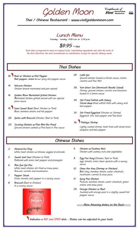 Golden Moon Restaurant Menu In Weatherford Texas Usa