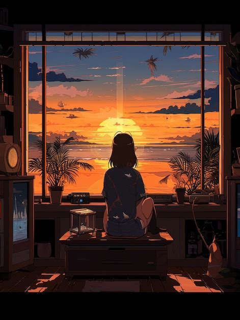 Premium Photo Anime Girl Watching The Sunset From Her Living Room