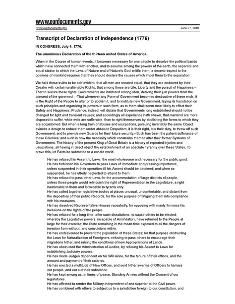 Declaration Of Independence 1776 Ourdocuments June 27 2018 Transcript Of Declaration Of