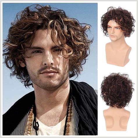 Swiking Mens Short Brown Curly Wig Fluffy With Bang Layered Halloween