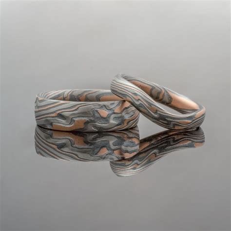 Mokume Gane Ring Or Wedding Band Set In Oxidized Embers Palette And