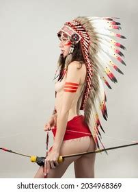 Naked Woman Native American Costume Feathers Stock Photo