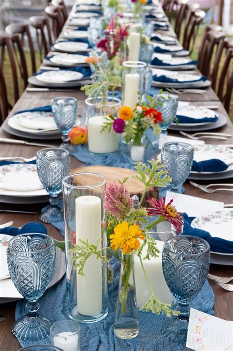 Farm Tables Slate Blue Runner Peaches Bud Vases Minimal Floral Wedding Event Inspiration