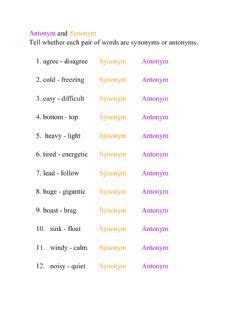 Antonyms And Synonyms Language English Grade Level Grade 2 School