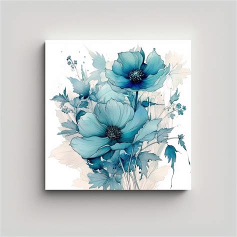 Cuadro Decorativo De Flores En Arte Lineal Y Acuarela Azul Turquesa