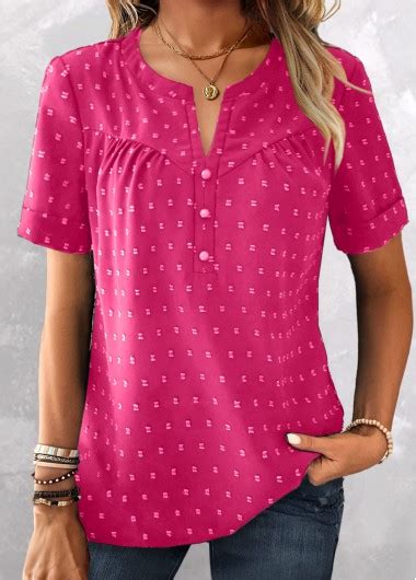 Hot Pink Jacquard Short Sleeve Split Neck Blouse Modlily USD 36 98