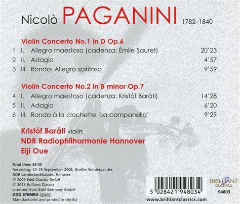 Paganini Violin Concertos Nos Nicolo Paganini Kristof Barati