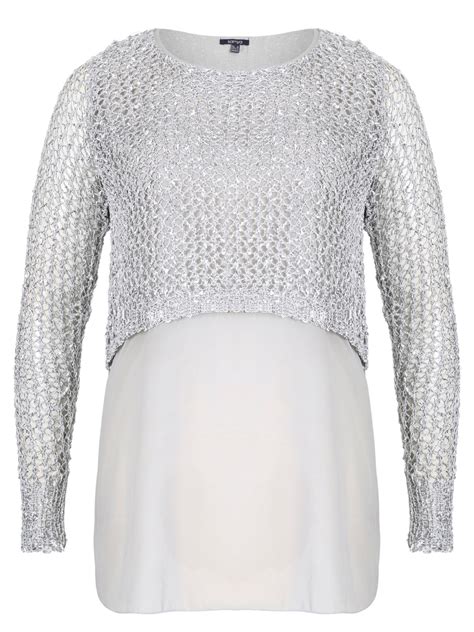 Samya Plus Size Sequin Crochet Layer Jumper In Silver