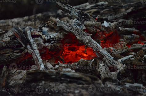 Glowing Embers In Hot Red Color The Hot Embers In The Middle Of Burned Wood Logs Firewood