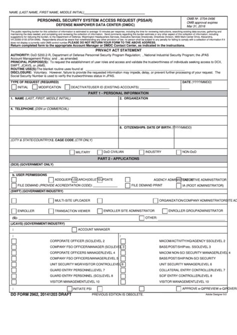 Dd Form Personnel Security System Access Request Pssar Defense