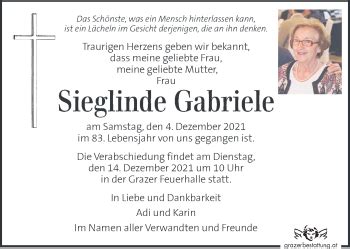 Traueranzeigen Von Sieglinde Gabriele Trauer Kleinezeitung At