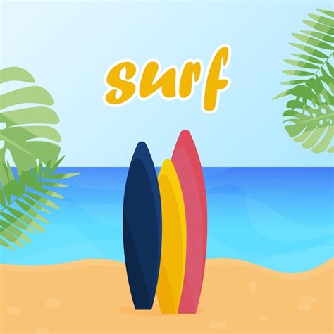 Tabla De Surf En El Fondo De Una Playa Tropical Ilustraci N Vectorial