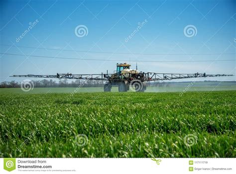 Campo De Trigo De Rociadura Del Tractor Imagen De Archivo Imagen De