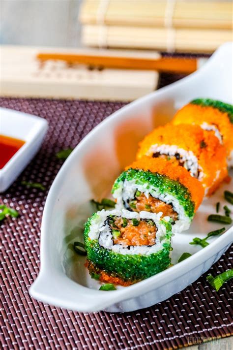 Spicy Salmon Sushi Roll W Alternating Roes Wrap Around