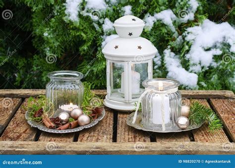 Christmas Decorations In Winter Garden Stock Photo Image Of Candle