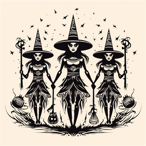 Premium Ai Image Three Witches With Brooms And Hats On Their Heads