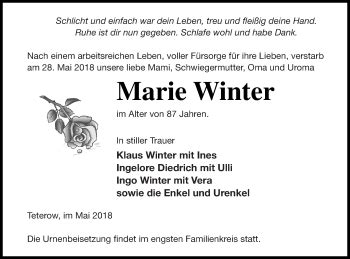 Traueranzeigen Von Marie Winter Trauer Nordkurier