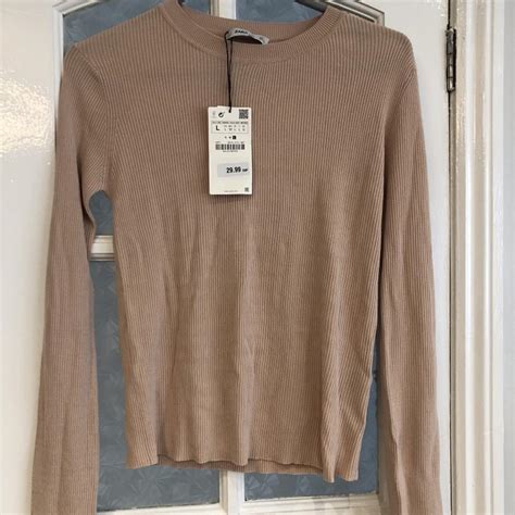 Zara Peach Nude Ribbed Top Depop