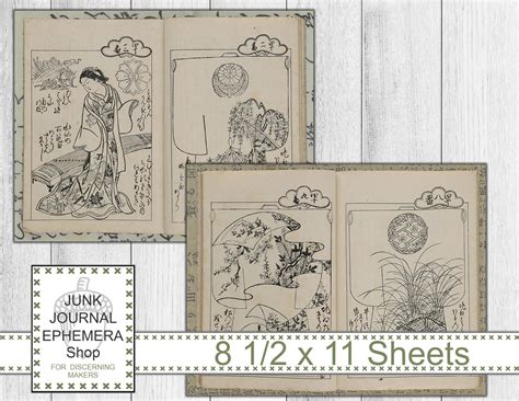 Asian Ephemera Pen And Ink Drawings Junk Journal Kit Japanese Ephemera