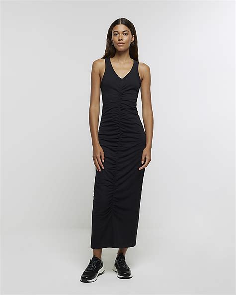 Black Ruched Bodycon Midi Dress River Island