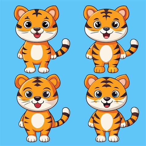 Conjunto De Cuatro Lindos Tigres De Dibujos Animados Con Diferentes