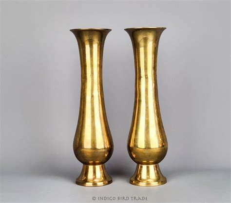 Pair Of Vintage Solid Brass Vases Mid Century Gold Metal Flower Vases Set Of 2 Tall Bud Vase