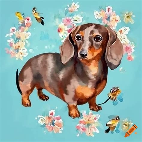 Adorable Dachshund Surrounded By Flowers And Bees