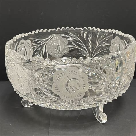 Vintage Cut Crystal Glass Footed Bowl Etched Flower On Sides Lots Of Details Heavy Crystal Bowl