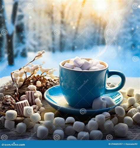 Christmas Theme Cup Of Hot Cocoa With Marshmallow On The Window And
