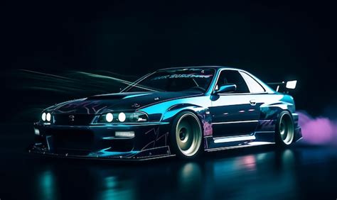 Carros Japoneses Deriva Noite Luz Ambiente Foto Premium