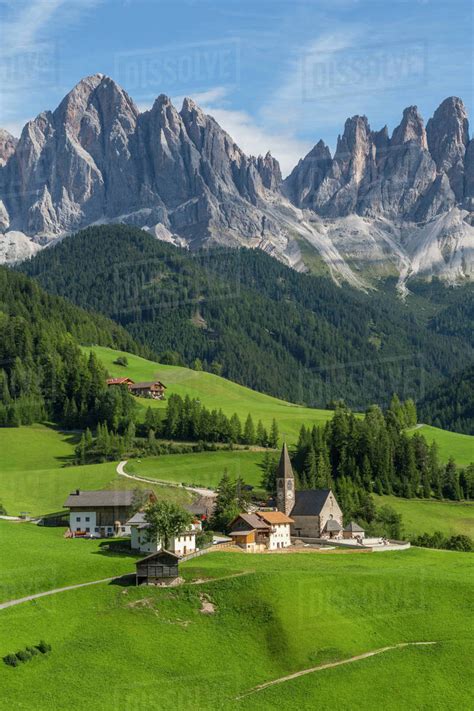 View Of Church And Mountain Backdrop Val Di Funes Bolzano Province