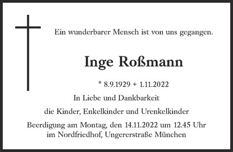 Traueranzeigen von Inge Roßmann SZ Gedenken de