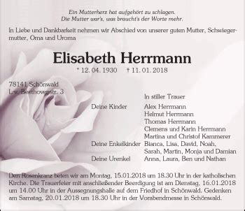 Traueranzeigen von Elisabeth Herrmann Schwarzwälder Bote Trauer