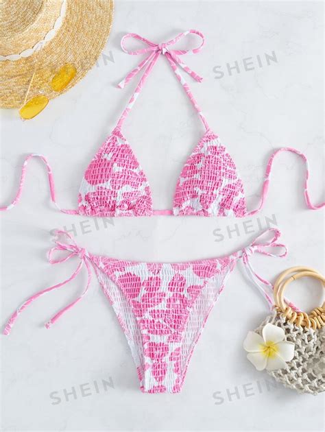 Shein Swim Mod Summer Beach Random Print Smocked Halter Bikini Shein Usa