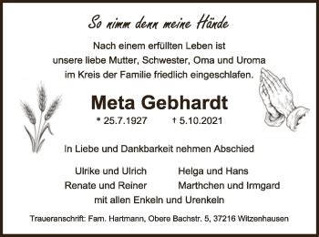 Traueranzeigen Von Meta Gebhardt Trauer HNA De