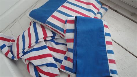 Vintage Stripe Full Sheet Set Red White Blue Etsy Retro Fabric