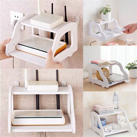 Wooden Wall Mounted Wifi Router Shelf Set Top Box Bracket Storage Box Double Floating Shelf