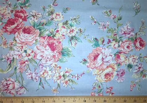 Shabby Chic Pink Roses Blue Fabric English Rose Cottage Floral Etsy