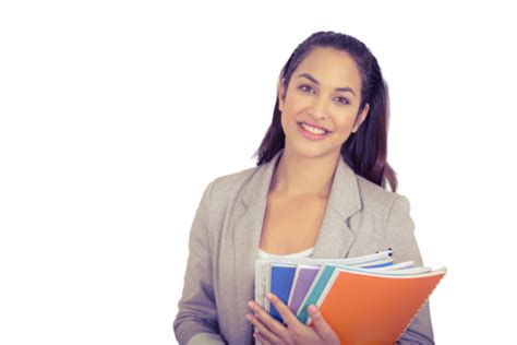 Pretty Teacher Holding Notepads In A Classroom Cheerful Portrait Pretty