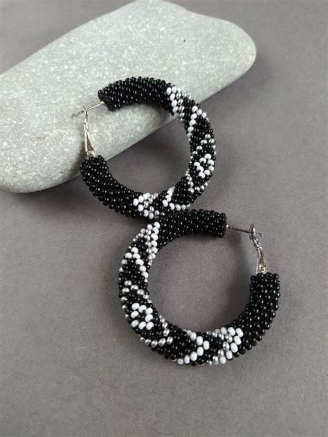 Black Beaded Hoop Earrings Native American Style Beaded Hoop Etsy