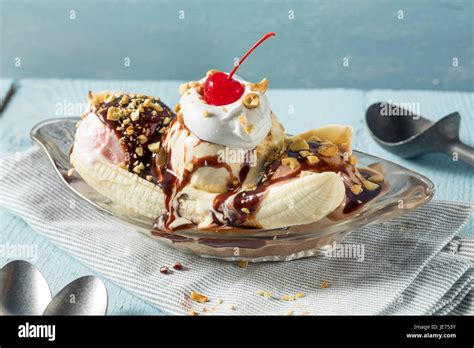 Sweet Homemade Banana Split Sundae With Chocolate Vanilla Strawberry