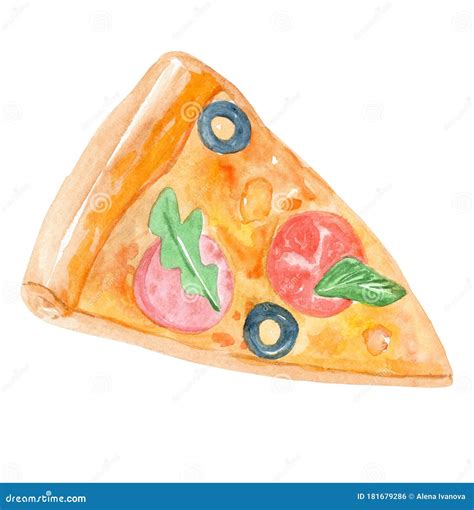 Watercolor Hand Drawn Slice Of Pizza With Cheese Olives And Tomato