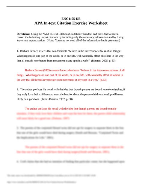 APA In text Citations Worksheet Answers Notes Rédaction